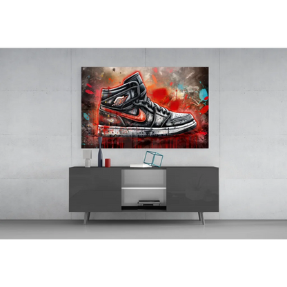Graffiti Jordan 1 black red Nike sneaker glass wall art with splatter