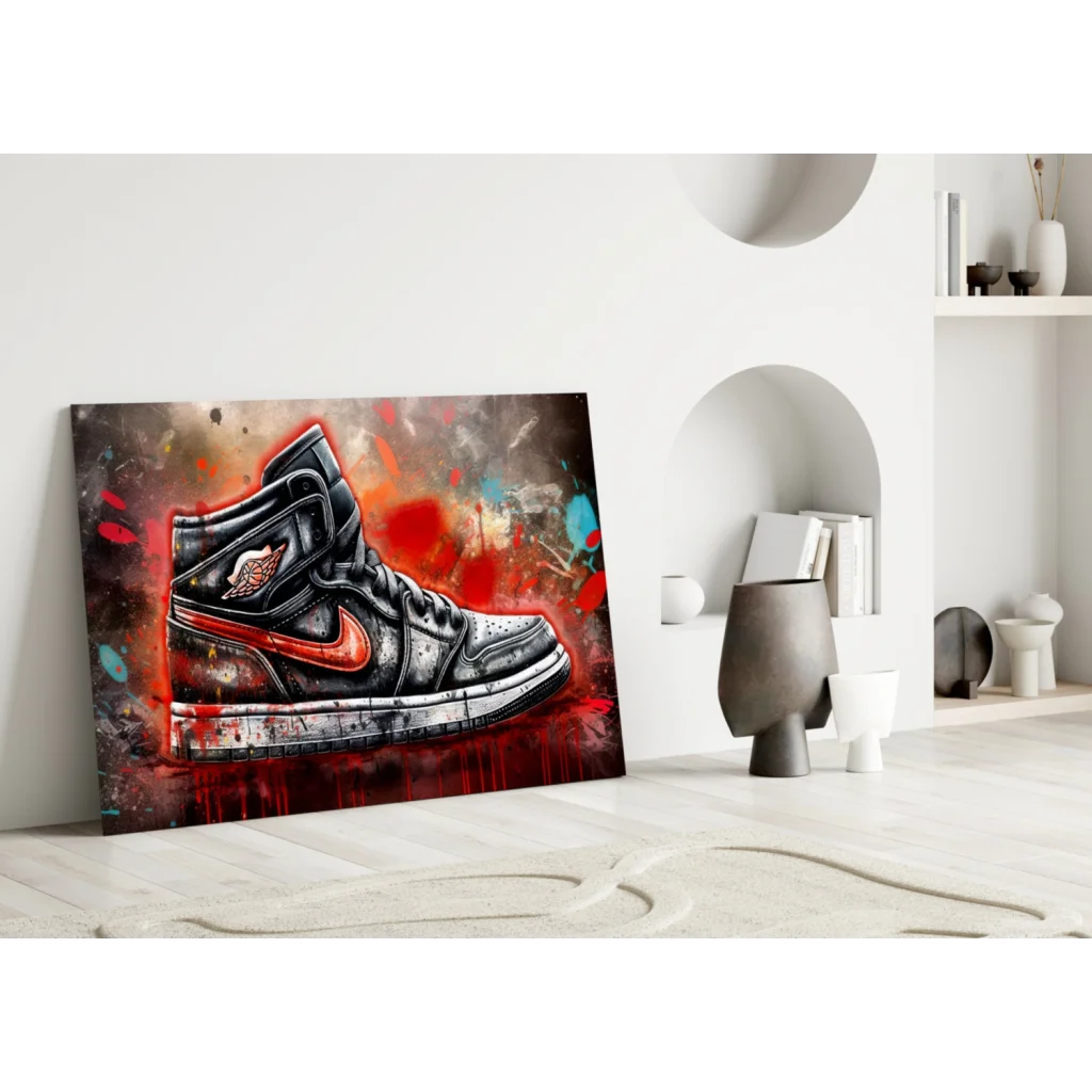 Graffiti Jordan 1 Sneaker Glass Wall Art with Paint Splatter | Modern Wall Art Decor | vintageantiquesgifts.com