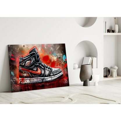 Graffiti Jordan 1 Sneaker Glass Wall Art with Paint Splatter | Modern Wall Art Decor | vintageantiquesgifts.com