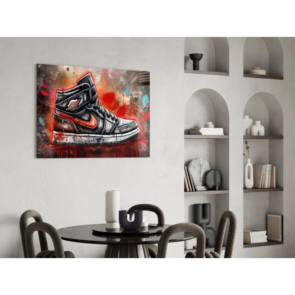 Graffiti Jordan 1 black red Nike Air sneaker on glossy glass wall art