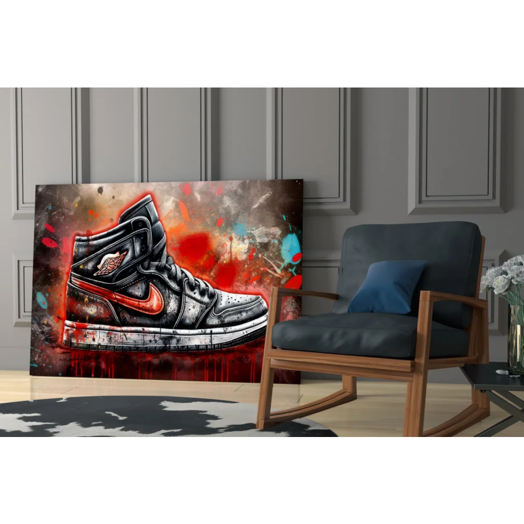 Graffiti Jordan 1 sneaker in black red distressed spray-paint on glass wall art