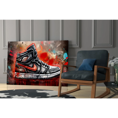 Graffiti Jordan 1 sneaker in black red distressed spray-paint on glass wall art