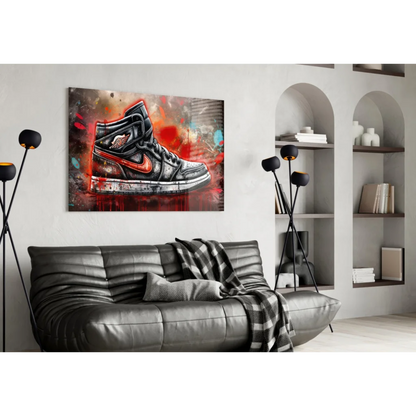 Graffiti Jordan 1 Sneaker Glass Wall Art with Paint Splatter | Contemporary Home Wall Art | vintageantiquesgifts.com