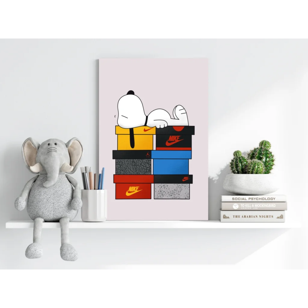 Snoopy lounging on colorful Nike shoeboxes in insigne aluminum prints