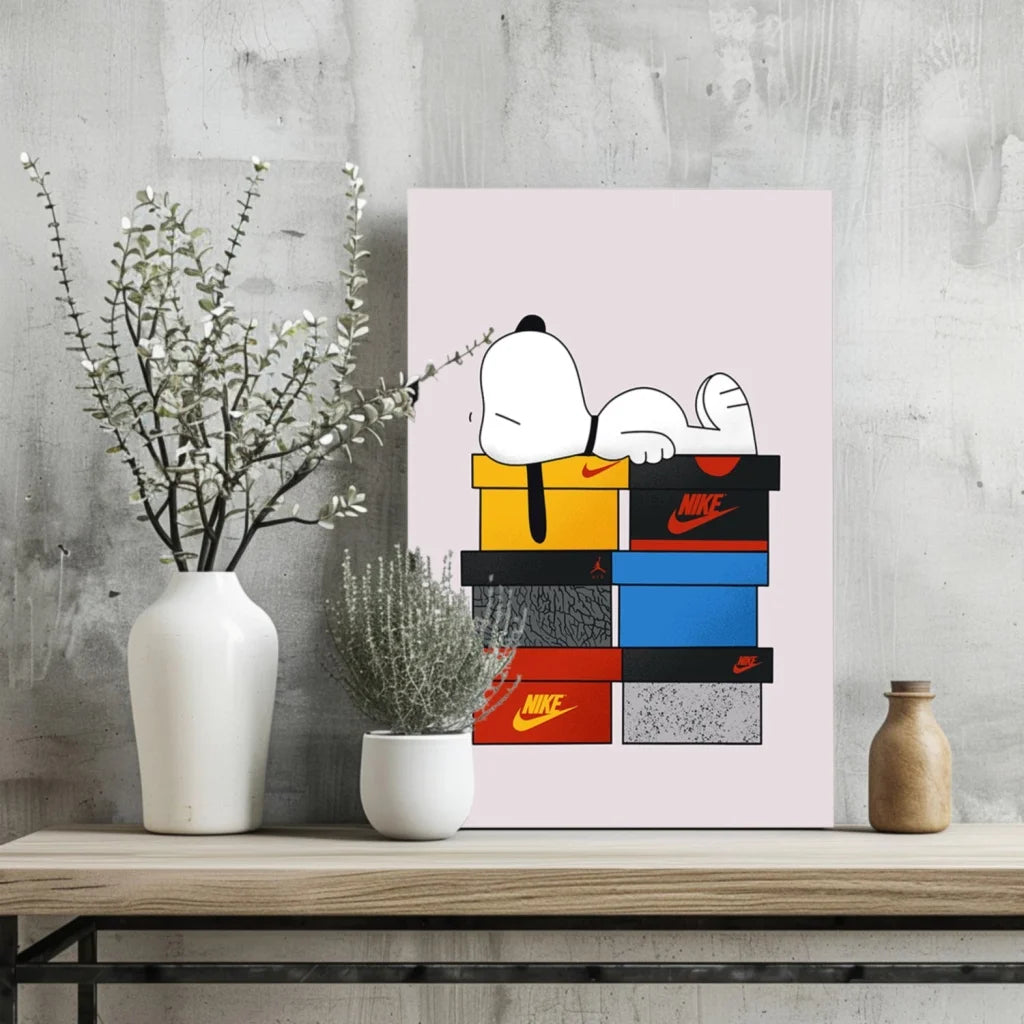 Snoopy lounging on Nike shoebox stack in insigne aluminum prints