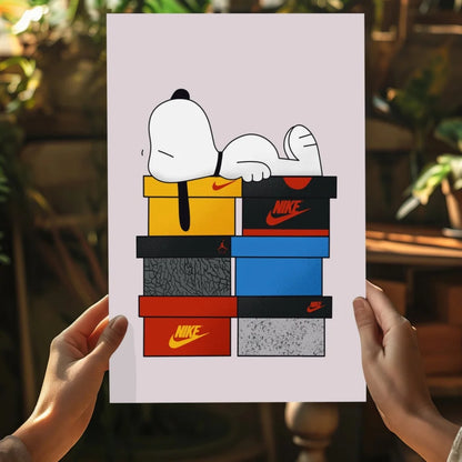 Snoopy lounges on colorful Nike shoebox stack in insigne aluminum prints