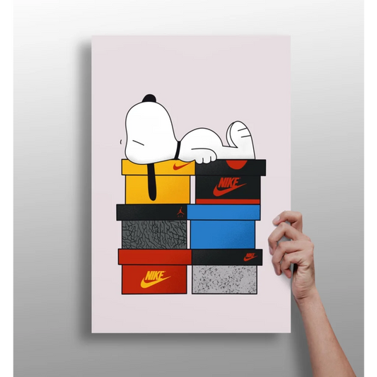 Cartoon Snoopy lounges on colorful Nike shoebox stack in insigne aluminum prints