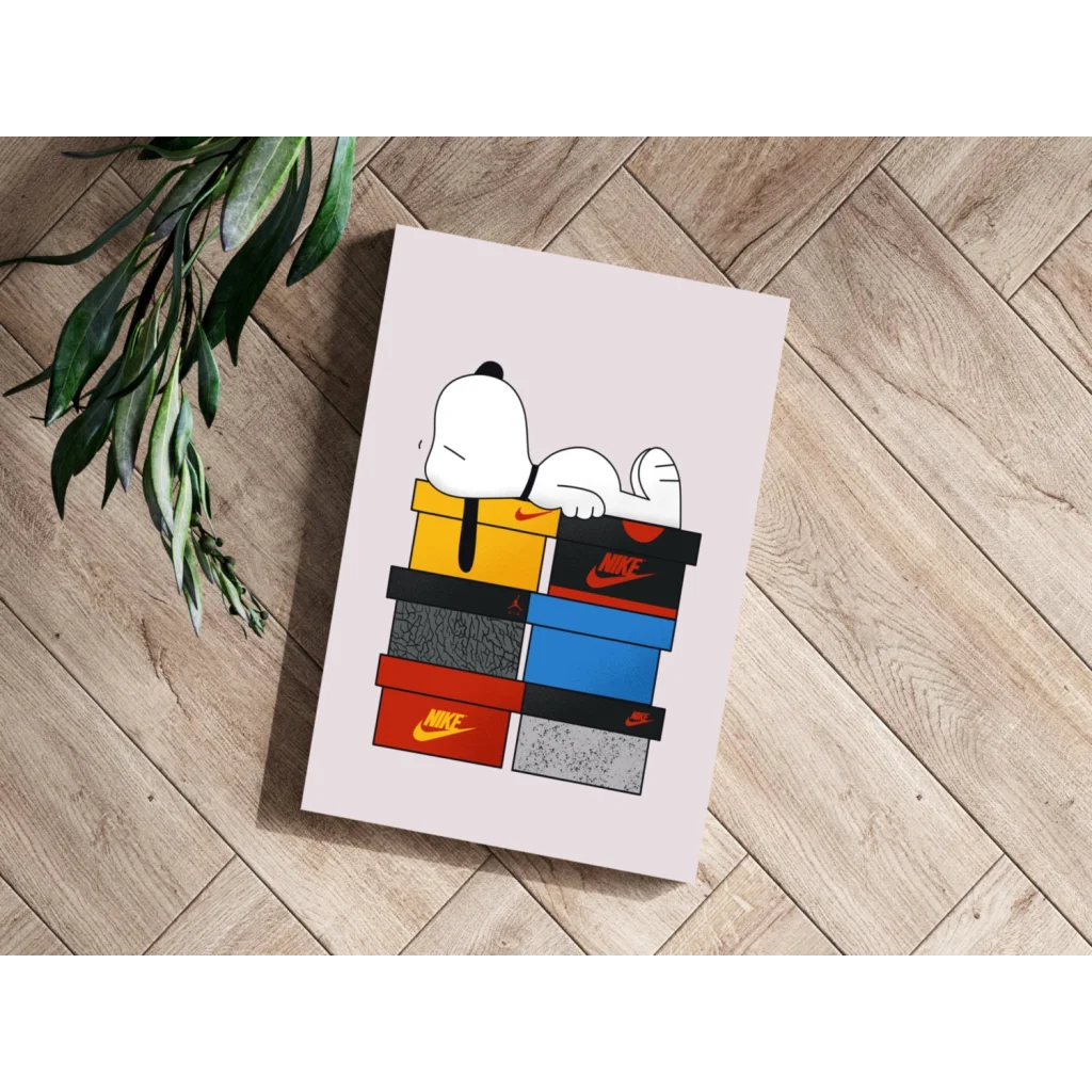Snoopy sleeping on Nike shoeboxes in insigne aluminum prints