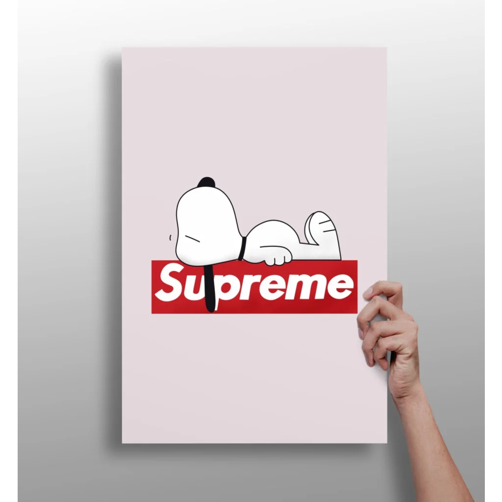 Minimalist pink Snoopy on Supreme logo aluminum wall art print