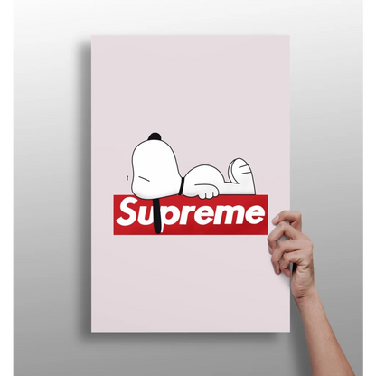 Minimalist pink Snoopy on Supreme logo aluminum wall art print