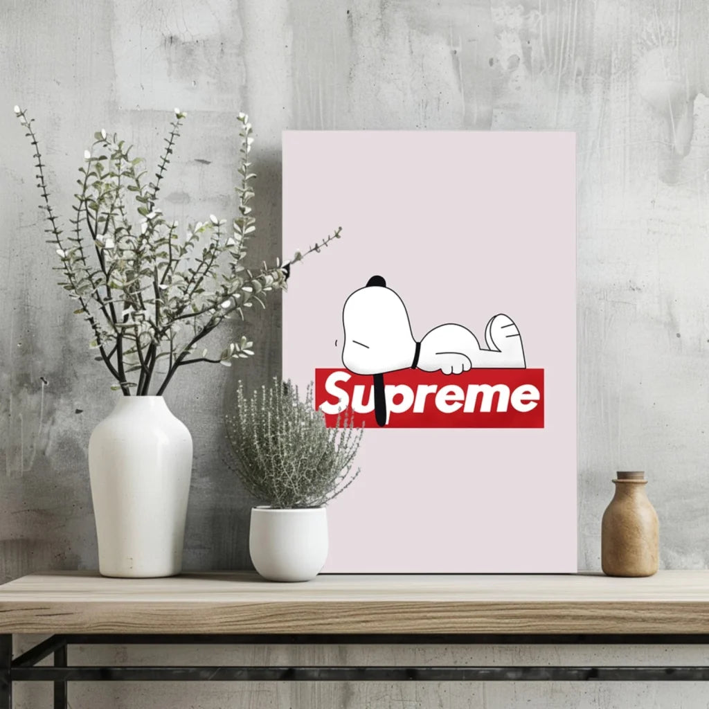 Minimalist pink Snoopy on Supreme logo aluminum wall art print