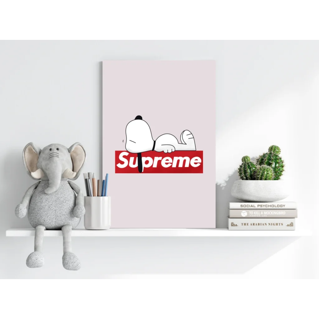 Pink Snoopy on red Supreme logo canvas print