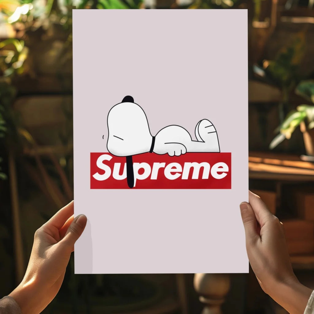 White Snoopy peeking over red Supreme logo on lavender aluminum print