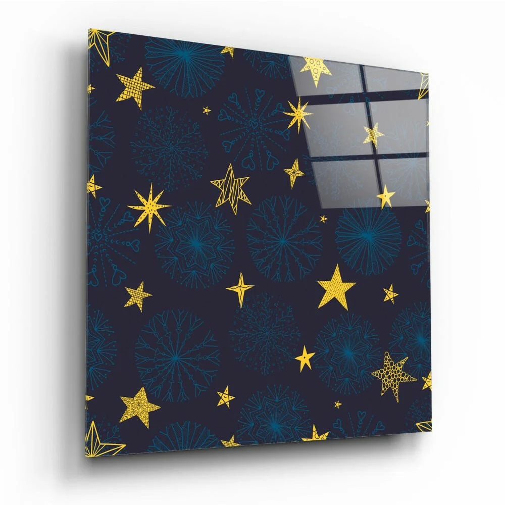 Starry Night glass wall art with navy stars and golden fireworks