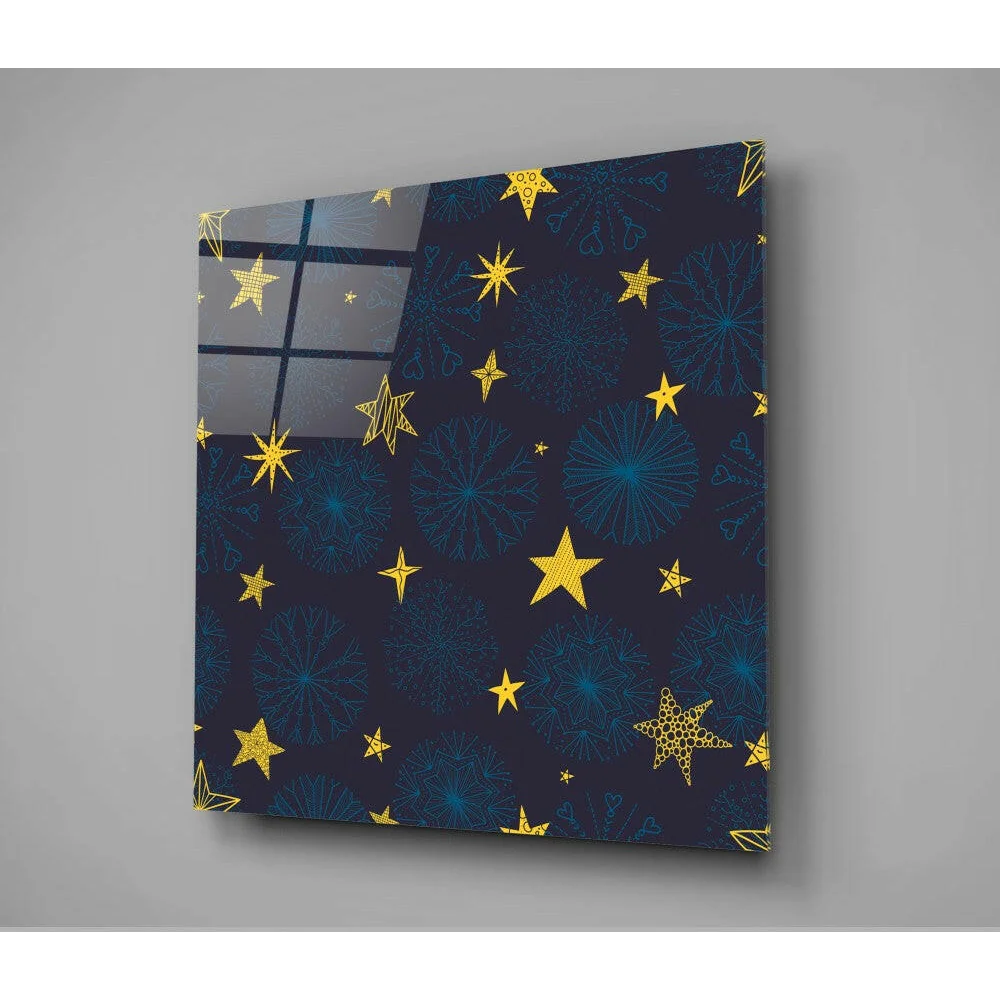 Starry Night glass wall art with navy stars and teal fireworks