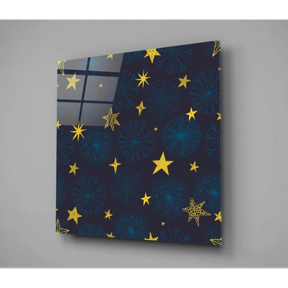 Starry Night glass wall art with navy stars and teal fireworks