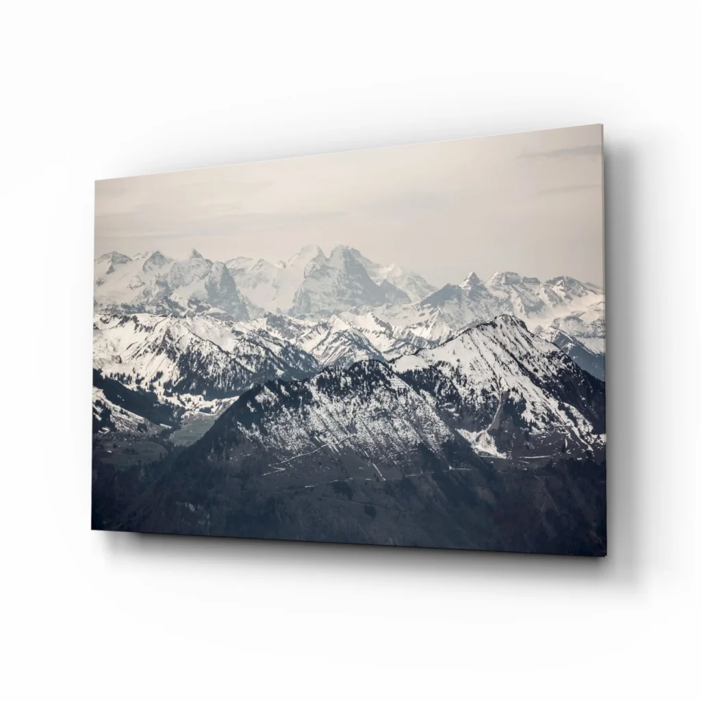 Stunning snow-capped mountain glass wall art print