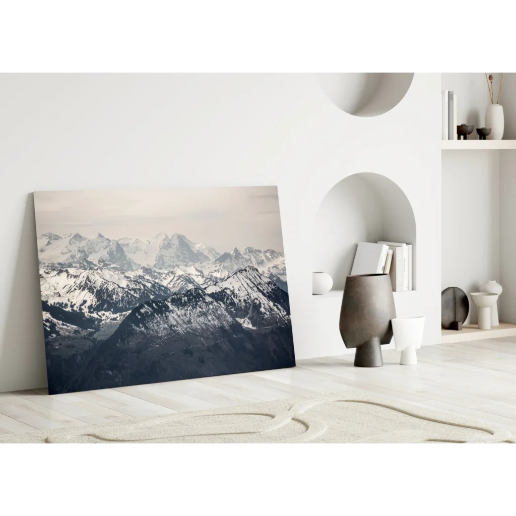 Monochrome snow-capped mountains glass wall art print
