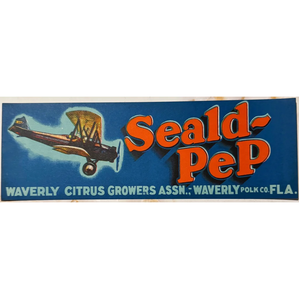 Vintage Seald-Pep orange crate label with biplane art from the 1940s