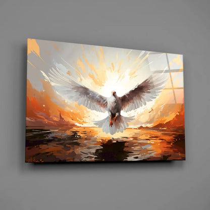 White dove soaring in orange sunset canvas wall art on gray wall