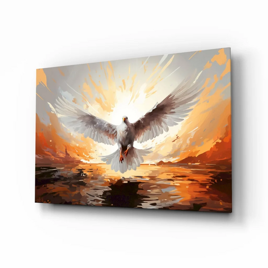 White dove soaring over water in orange gray sunset wall art canvas print