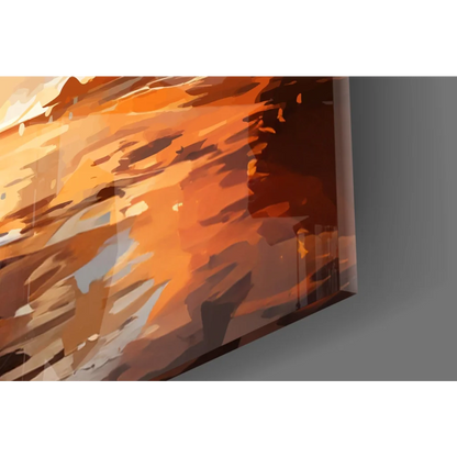 Abstract swirling orange amber brown glass wall art of soaring dove sunset