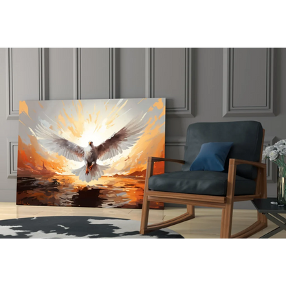Vibrant white dove flying in orange gold sunset wall art print