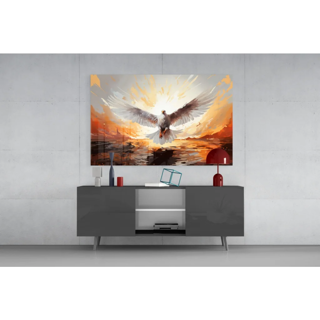 Vibrant white dove in orange sunset wall art print on gray console