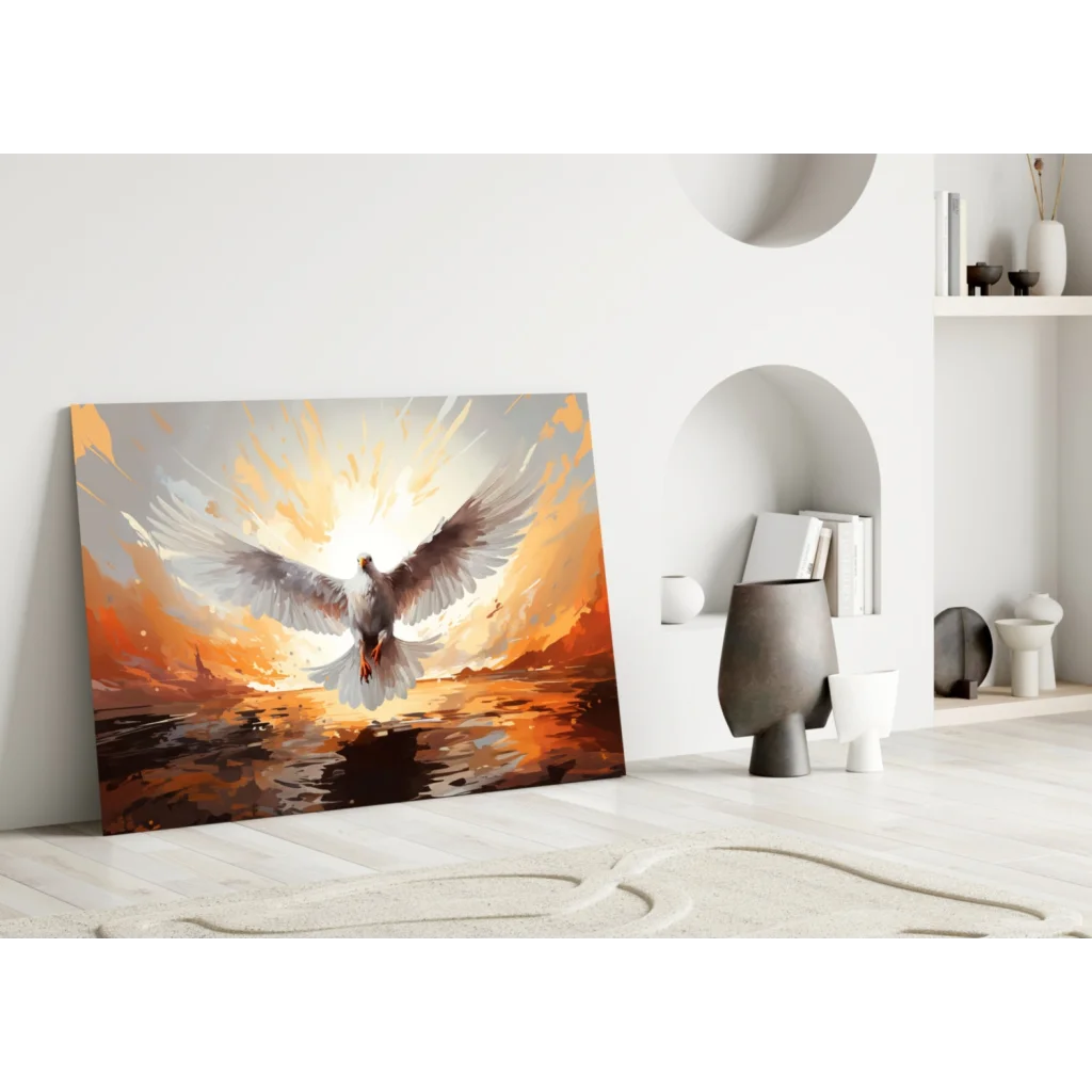 Vibrant soaring dove canvas wall art print in orange gray sunset sky
