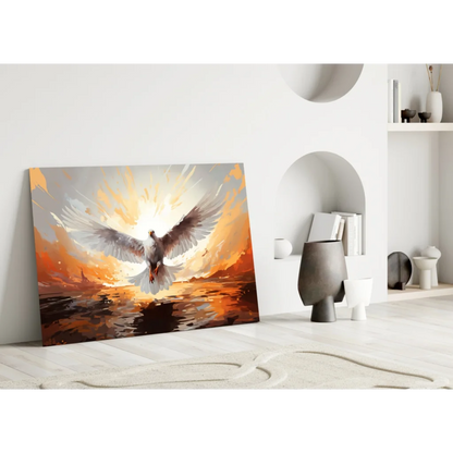 Vibrant soaring dove canvas wall art print in orange gray sunset sky
