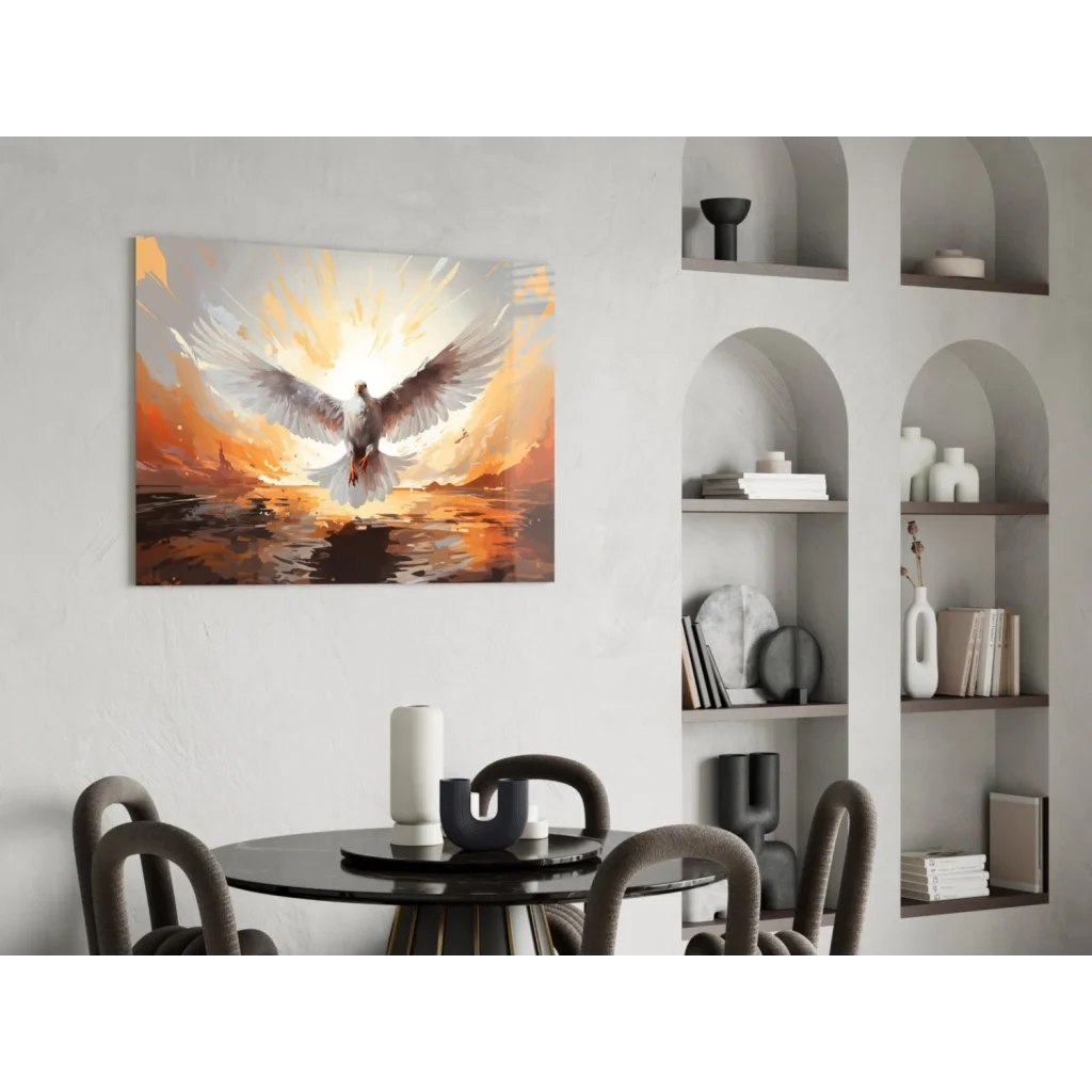 Vibrant white dove soaring over orange gold sunset water wall art canvas print