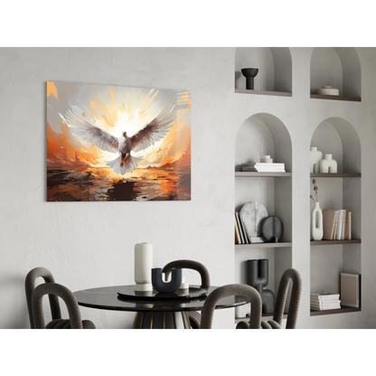 Vibrant white dove soaring over orange gold sunset water wall art canvas print