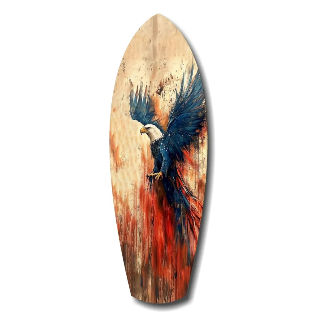 Vibrant bald eagle glass art on surfboard wood, tempered glass design