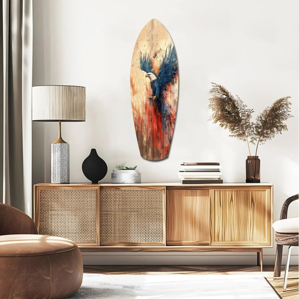 Soaring Eagle tempered glass art on surfboard wood