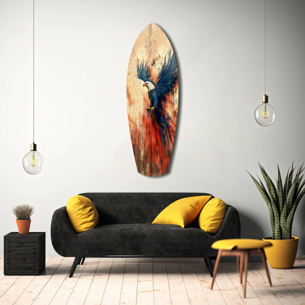 Soaring Eagle tempered glass art on surfboard wood, eagle with blue red feathers