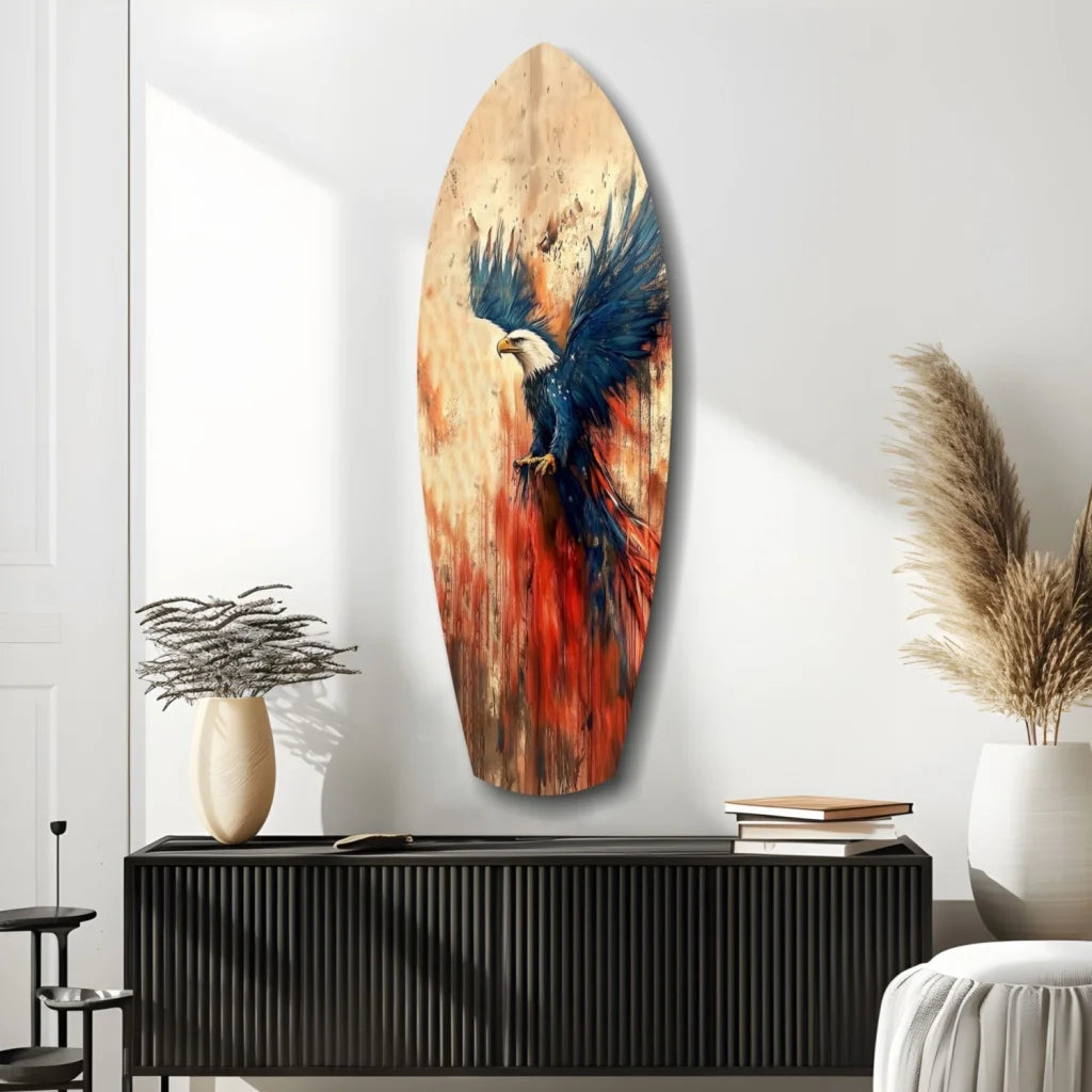 Vibrant soaring eagle tempered glass art on surfboard wood