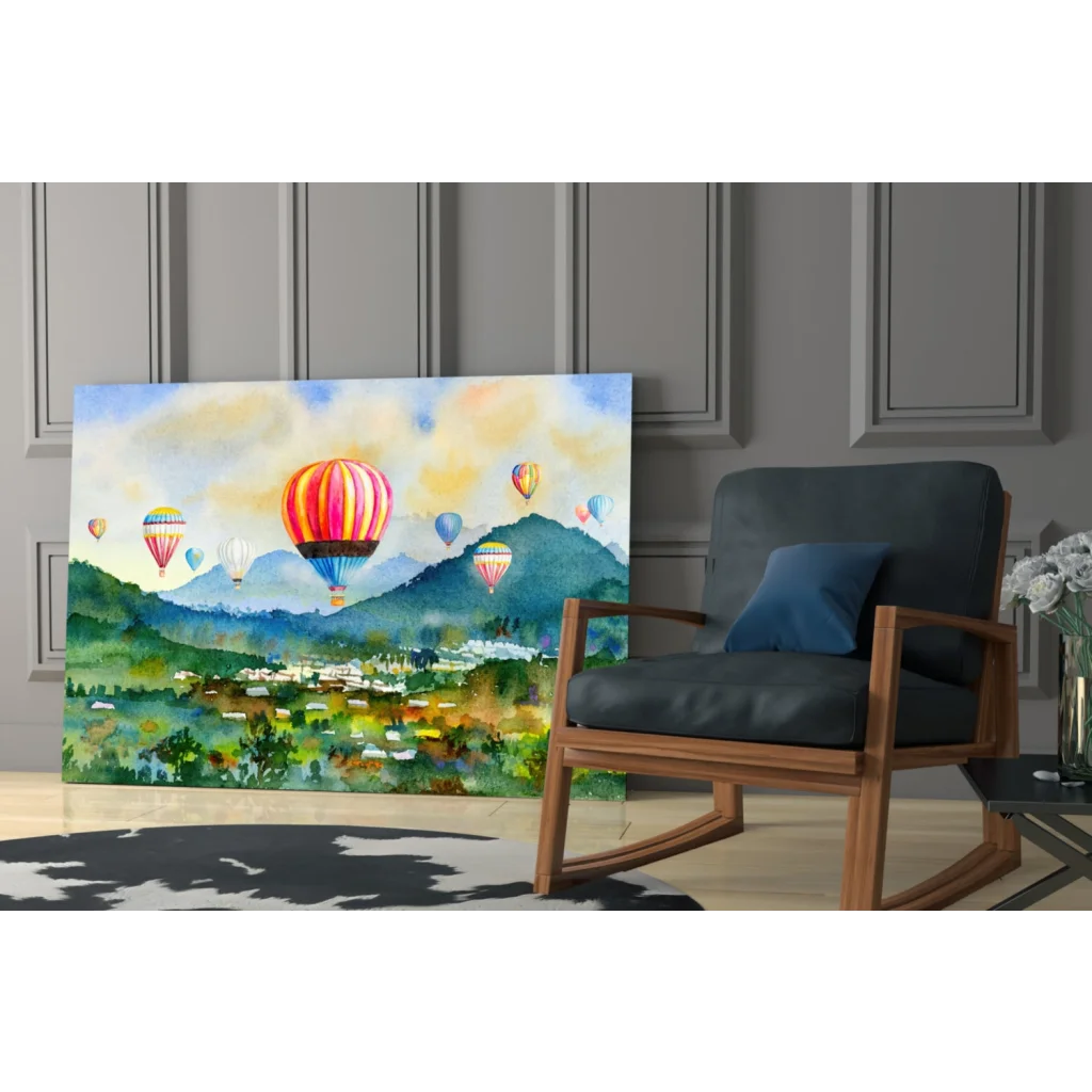Vibrant watercolor hot air balloons over mountains on glass wall art