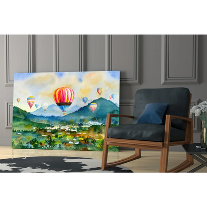 Vibrant watercolor hot air balloons over mountains on glass wall art