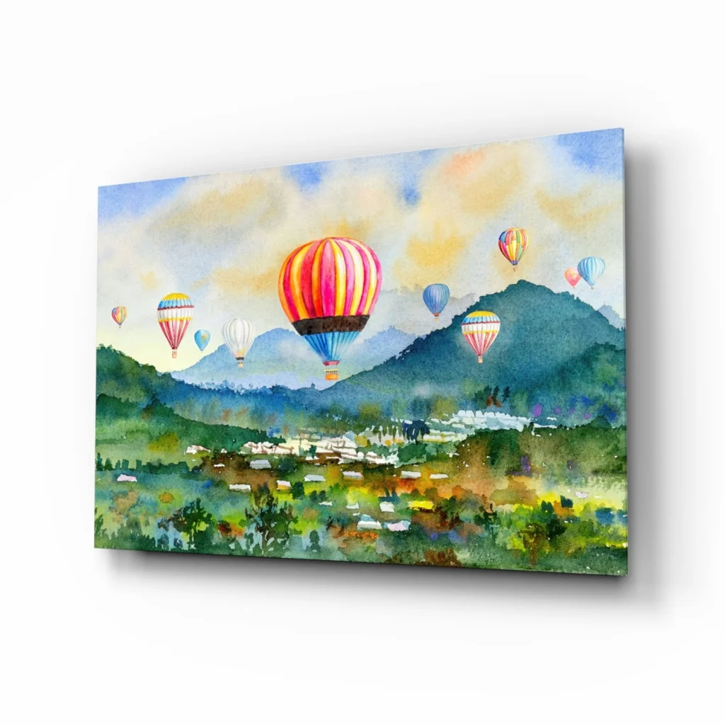 Vibrant watercolor hot air balloons over mountains on glass wall art