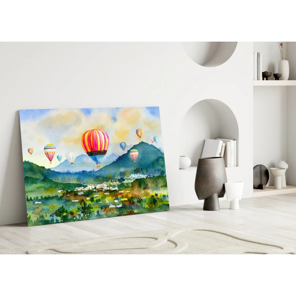 Vibrant watercolor hot air balloons over mountains on glass wall art