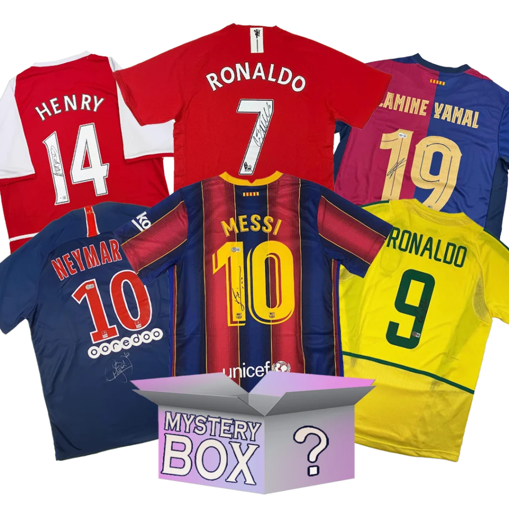 Autographed soccer jerseys of Ronaldo, Messi, Neymar, Scholes, Kluivert, Torres in vibrant colors with COA