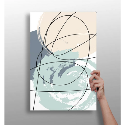 Modern abstract canvas print with soft beige, muted teal, gray brushstrokes and bold black curved lines