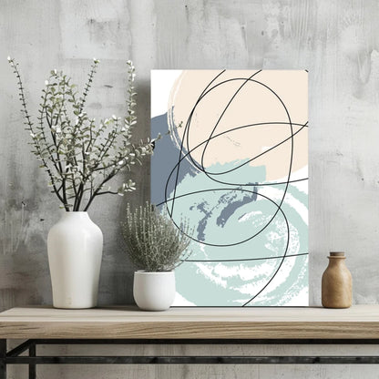 Soft beige and teal abstract canvas with bold black lines