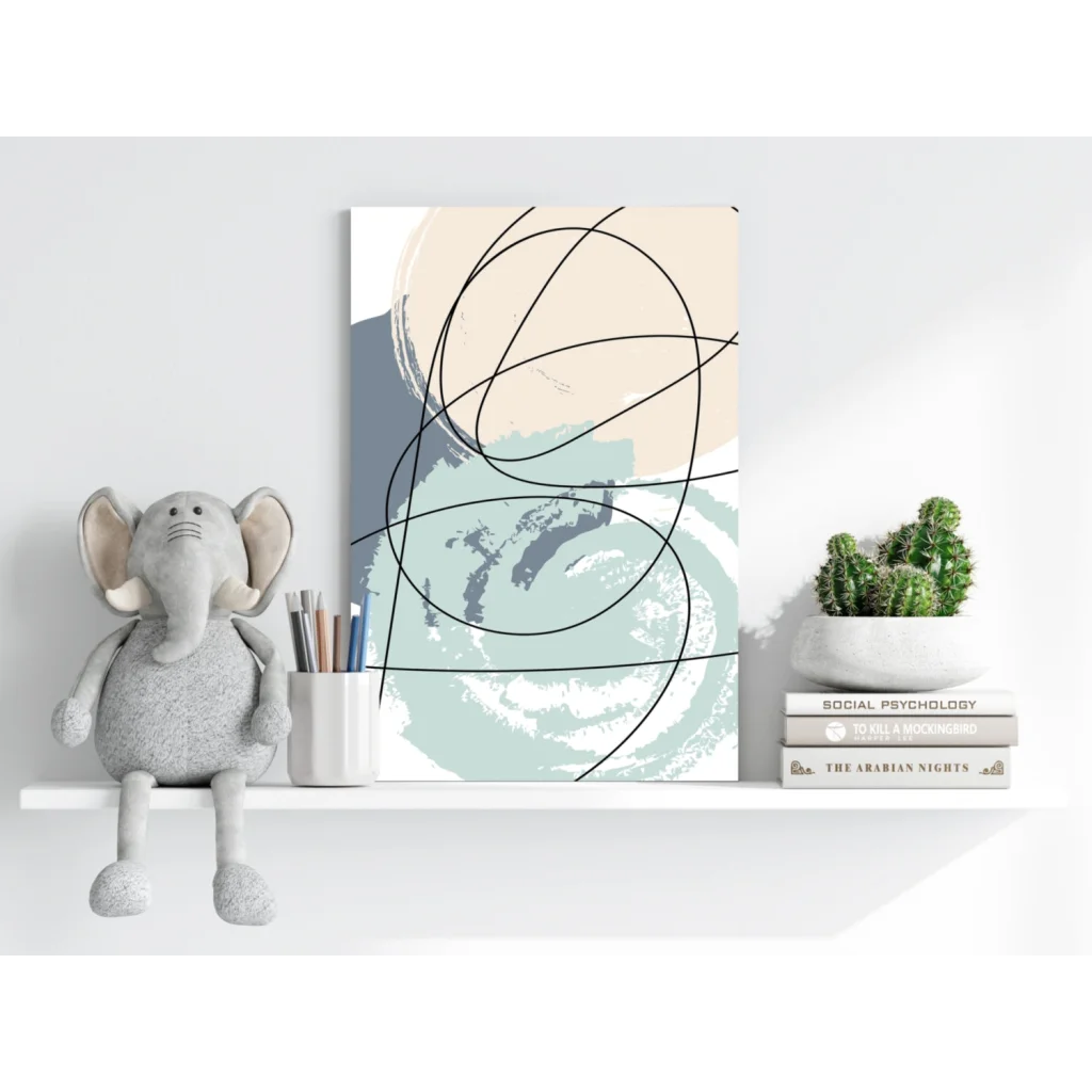 Soft beige and teal abstract canvas with bold black lines