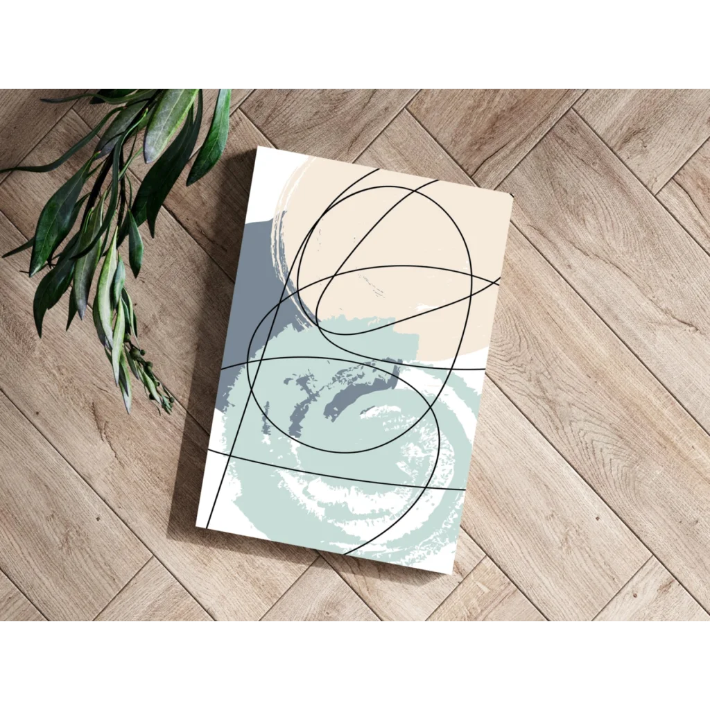 Modern abstract canvas with soft beige, mint green, gray brushstrokes and bold black lines