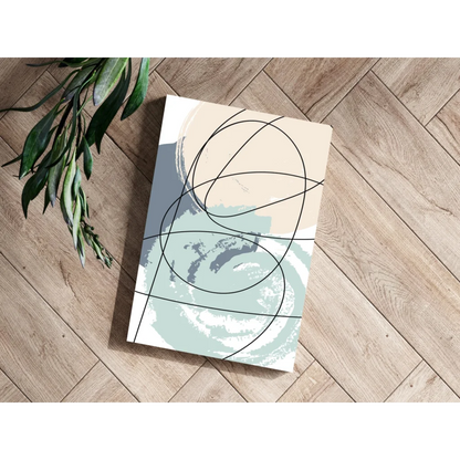 Modern abstract canvas with soft beige, mint green, gray brushstrokes and bold black lines