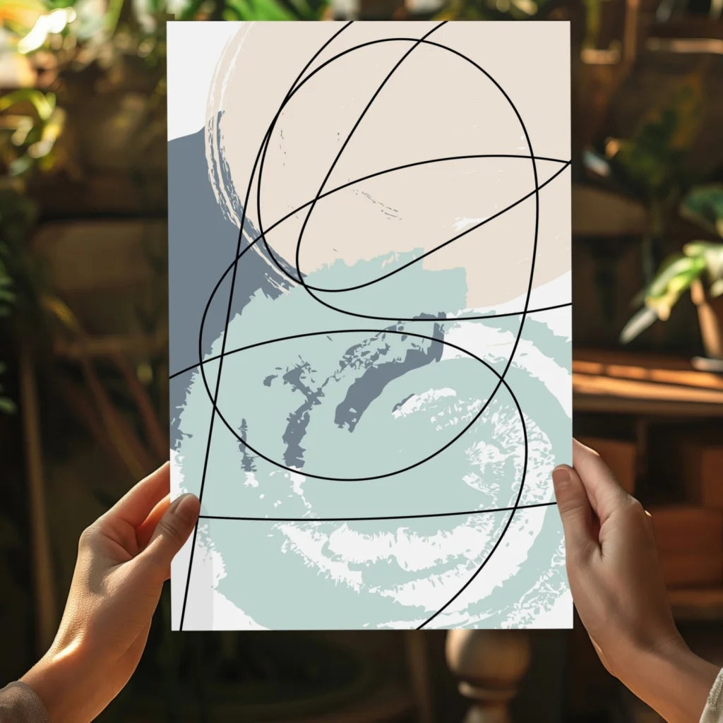 Abstract canvas print in soft beige and teal with bold black curved lines