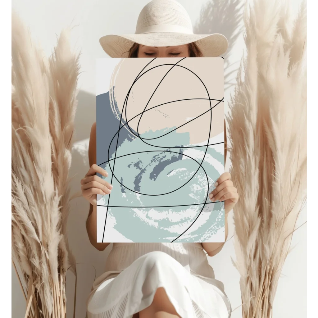 Soft beige and teal abstract canvas with bold black lines