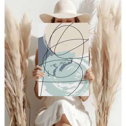 Soft beige and teal abstract canvas with bold black lines