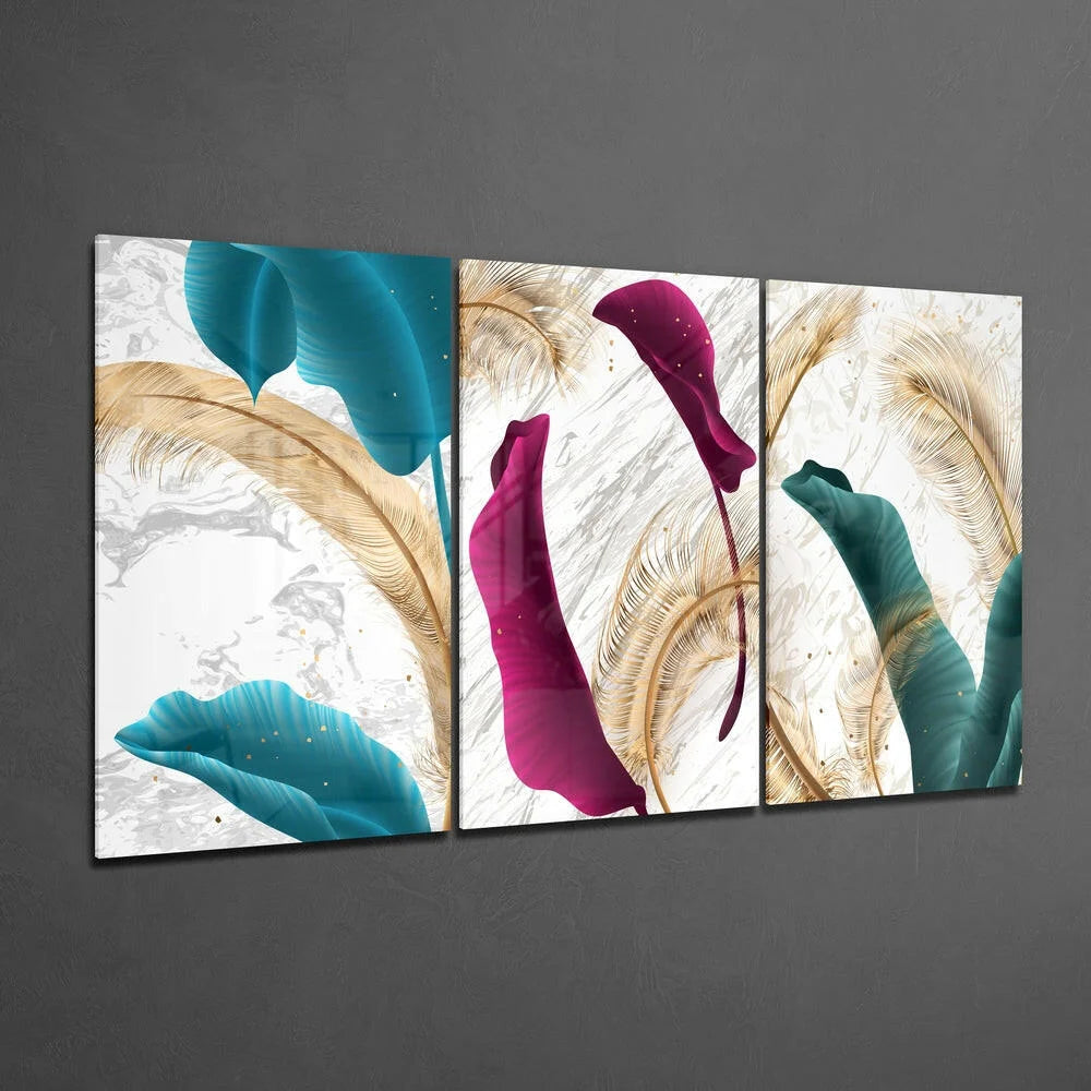 Modern teal magenta gold leaf glass wall art on white marble
